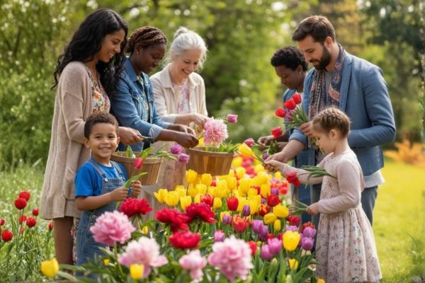 Families picking tulips in the flower field