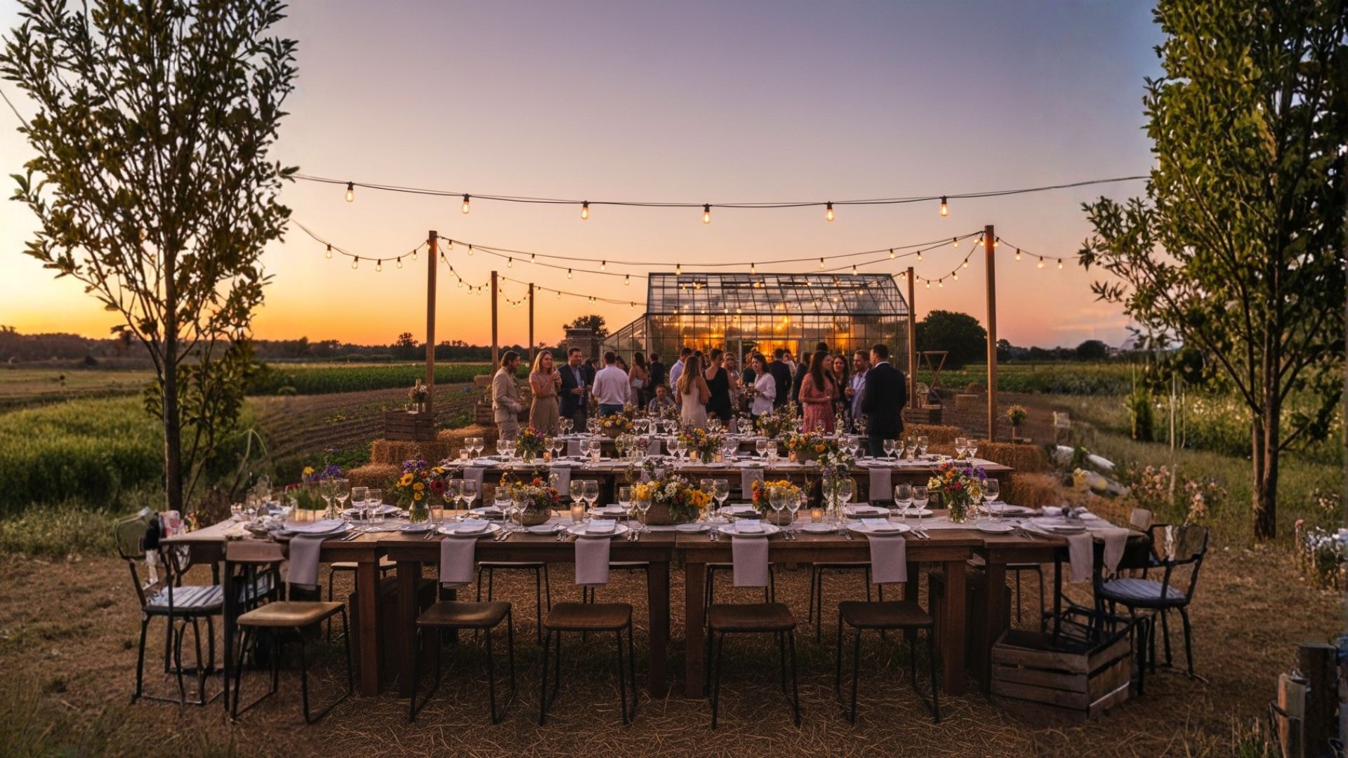 Seasonal farm celebration with tables and string lights at Black Swan Estate